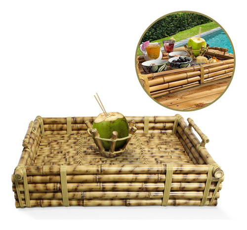 Bandeja Flutuante Piscina Suporte Coco Bambu Café Da Manhã Cor Natural