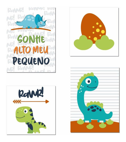 Kit Quadro Placa Decorativa Mdf Quarto Infantil Dino 4 Peças