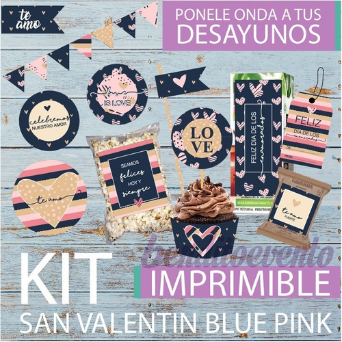 Kit Imprimible Desayuno San Valentin Enamorados Amor Azul