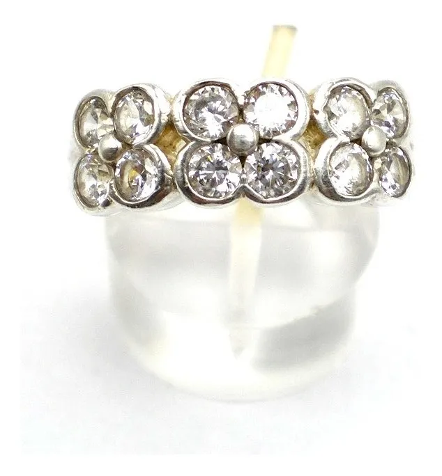 Anillo De Plata 925 Y Zafiros Blancos Tres Rosetas