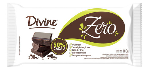 Chocolate Divine Zero 50% Cacau Sem Glúten 10 Barras 100g