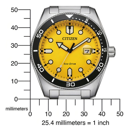 Reloj Citizen AW176081z Eco-drive Sports para hombre, 43 mm, correa, color plateado y bisel, color negro, color de fondo amarillo