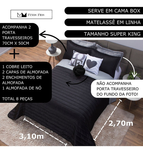 Kit Cobre Leito Colcha Romance King 8 Peças + Almofada Nó Preto/cinza