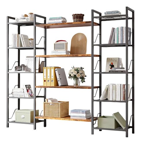 Librero Minimalista De Metal Con 5 Niveles Organizador 160cm Madera Oscura Y Negro