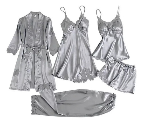 Conjunto De Pijama De Satén Y Encaje Para Mujer, Bata De Sed