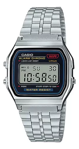 Reloj pulsera Casio A-159 Unixes cuerpo color plateado, digital, fondo  gris, con correa de acero inoxidable color plateado, dial negro,  minutero/segundero negro, hebilla de gancho