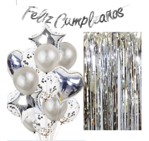 Cortina Metalizada + Paquete Globos + Feliz Cumpleaños