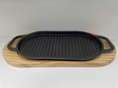 Plancha Grillada Hierro Fundido 31cm X 17cm Base De Madera