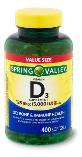 Spring Valley Vitamina D3 125 Mcg (5,000 Iu) 400 Softgels Sabor S/n