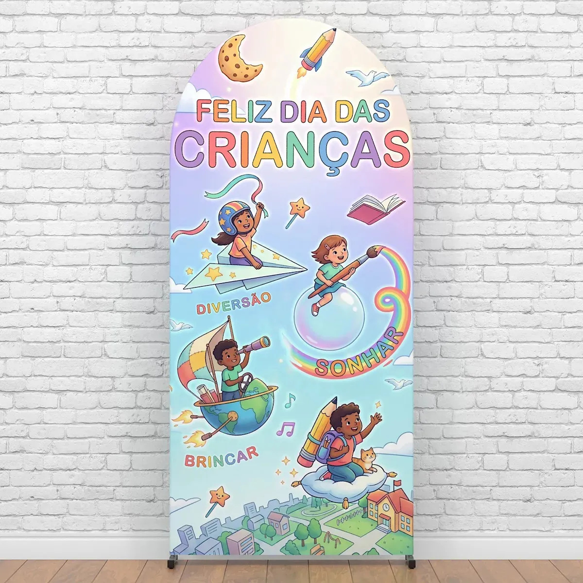 Painel Dia das Crianças Romano 2x1m Colorido Festa Decoração Escola Evento Infantil Sublimado
