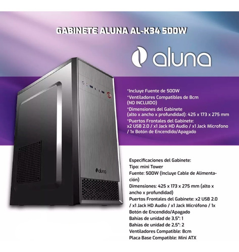 Imagen 8 de 10 de Gabinete De Pc Escritorio Aluna Con Fuente 500w Midtower