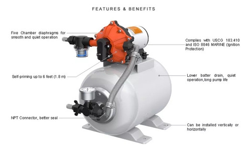 Kit Pressurizador 3.0 Gpm 12v 60 Psi C/ Acumulador 8,0l