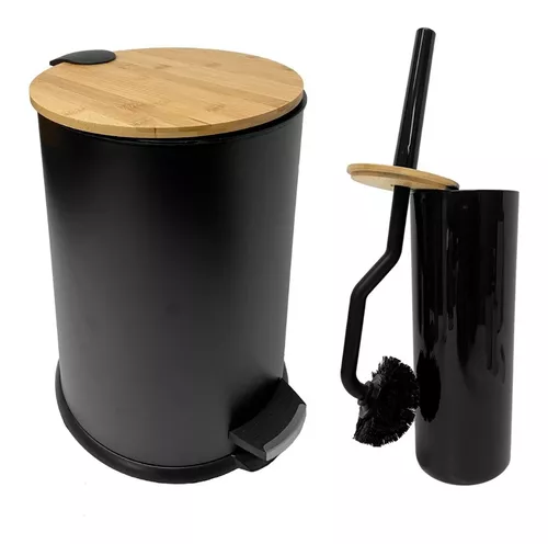 Set De Baño Tacho Cesto Y Escobilla Cepillo Acc Negro Pc