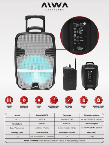 Imagen 4 de 10 de Parlante Aiwa Aw-p1200d-sn Portatil Bluet Pmpo 6000w Premium