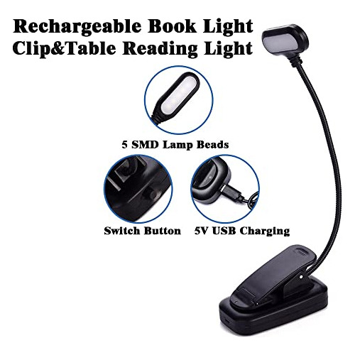 Luz De Libro Clip Leer Cama, Luz De Lectura Recargable ...