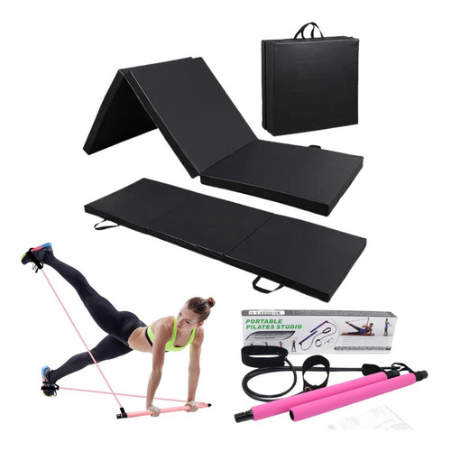 Pack Colchoneta Negra Plegable+barra Pilates /full Ejercicio