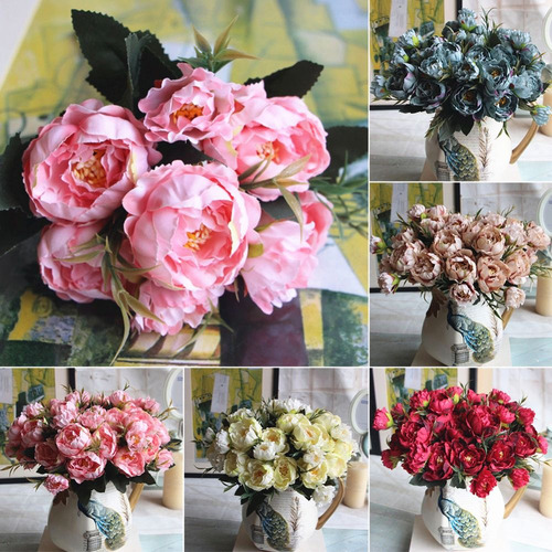 Florero Con Forma De Ramo De Rosas Artificiales, Seda Y Peon