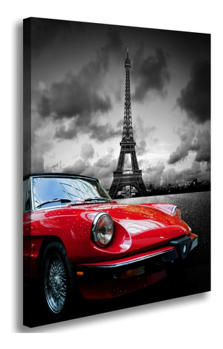 Tela Quadro Torre Eiffel Carro Vermelho Decoração Para Sala