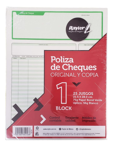 Block Poliza De Cheque Original Y Copia T/carta Rayter 