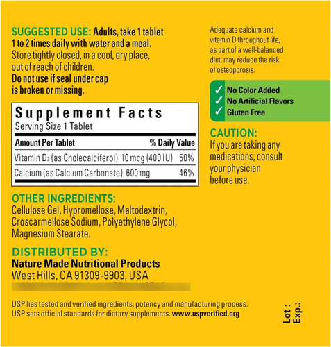 Calcio 600 Mg Con Vitamina D3 Nature Made 60 Tabletas