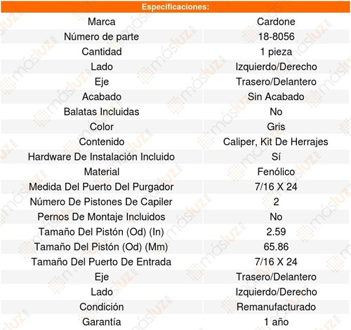 1 Caliper Freno Trasero/delantero 3400 1998 Al 2002 (Reacondicionado)