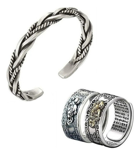 Pulsera Abierta Trenzada Hecha A Mano +2pcs Anillo Ajustable