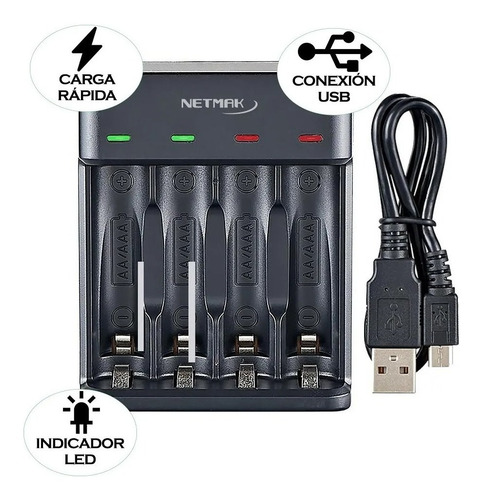Imagen 2 de 5 de Cargador De Pilas Recargables Aa/aaa Usb Netmak Nm-ch4