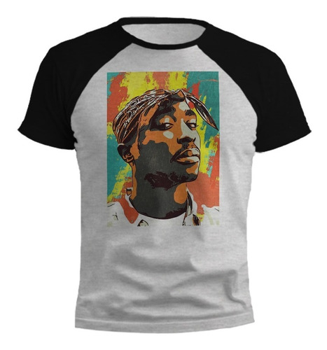 Remera Tupac Colores Vibrantes Diseño Gris Ranglan