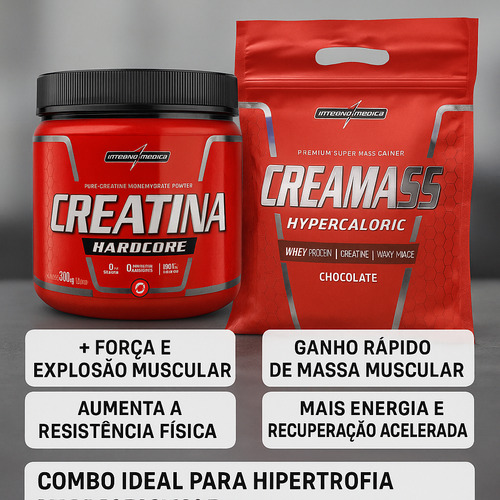 Kit Creatina Hardcore 300g Com Hypercalorico Creamass 3kg Sabores Chocolate