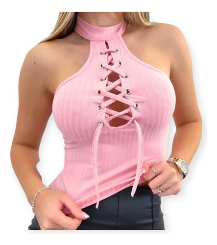 Remera Musculosa Cuello Choker Detalle Sensual Cordon Escote