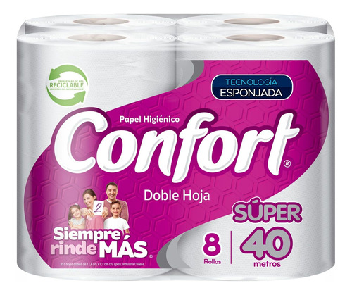 Confort Mega Papel Higiénico 8 Rollos 40 Mts C/u Doble Hoja