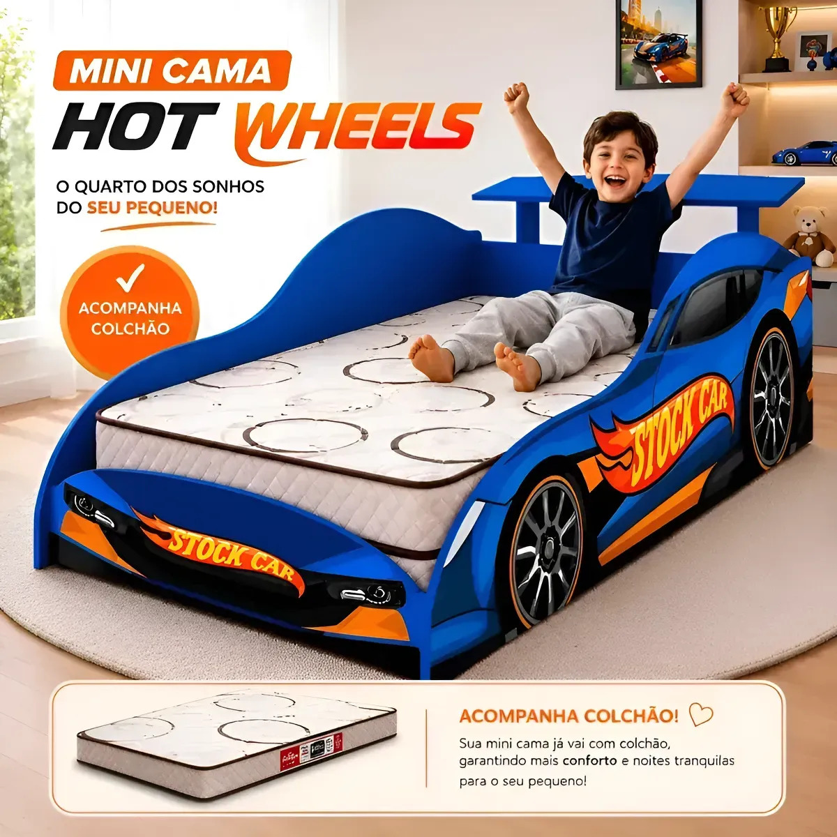 Cama Juvenil Carros Infantil Para Crianças Com Colchão Bela Azul Hot Wheels