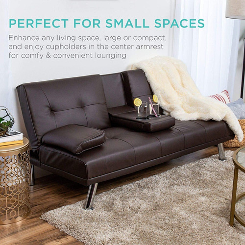 Sofa Cama Futon Plegable Piel Sintetica Marron Portavasos