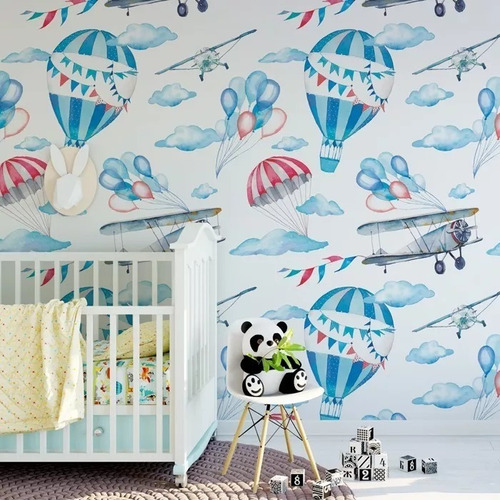 Imagem 2 de 3 de Papel Parede Adesivo Infantill Menino Avião Balão Paraquedas