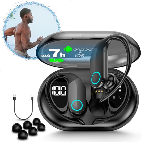Fone Bluetooth 5.3 Tws Sem Fio Esportivo Compatível Com iPhone Samsung Xiaomi Motorola Com Gancho Premium Scorpion Preto
