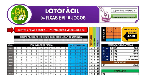Planilha Excel Premium 20 Dezenas - 04 Fixas