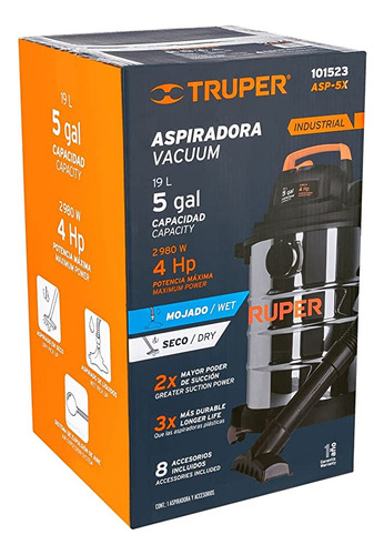 Aspiradora industrial Truper ASP-5X 5 galones (19L) acero inoxidable y negra 127V 60Hz