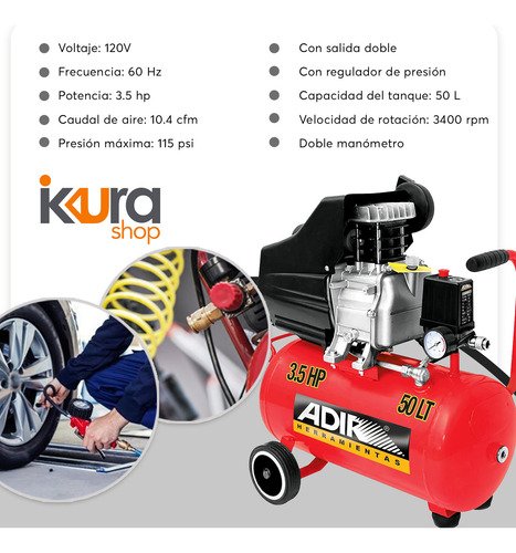 Compresor De Aire 50 Lts + Manguera + Pistola Adir 2040kg Rojo 60hz Monofásica