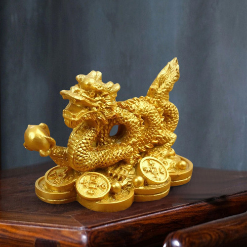 Escultura De Dragón Chino Con La Suerte Dorada
