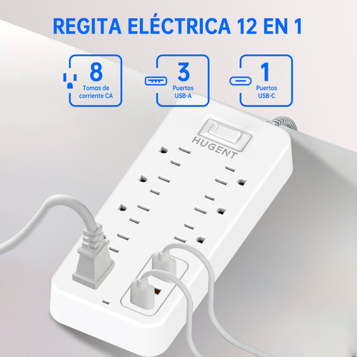 Regleta Multicontacto Con 3 Cargador Usb 8 Salidas 1 Tipo C