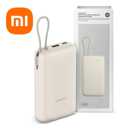 Cargador Portatil Mi Power Bank Xiaomi 33w 20000mah Nuevo Original Carga Rápida Compacto Con Cable Integrado Color Beige