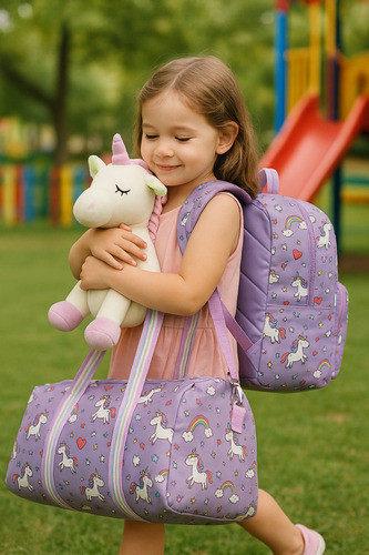 Set Mochila, Bolso Y Peluche Morado De Unicornio Para Niña