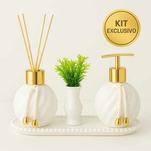 Kit Lavabo Para Banheiro Aromatizador Difusor De Ambiente Luxo Com Vasinho E Bandeja Cor Branco