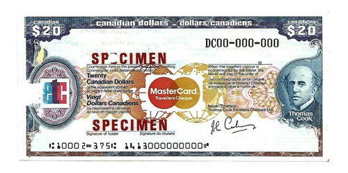 Tc6085 Canadá 1975 Travelers Cheque C$20 Specimen Raro