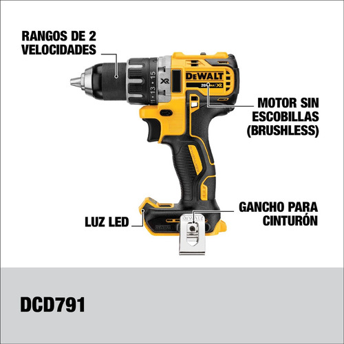 Taladro Ator. Sin Carbones 20v Xr + 2 Bat Dewalt Dcd791d2-b2