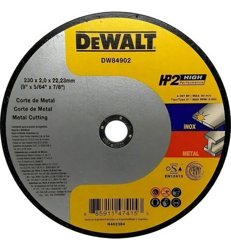 Disco De Corte Dewalt Dw84902 P/ Inox 9 230mm Hp2 1 Peças