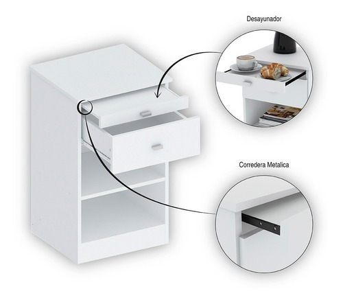Imagen 8 de 10 de Mesa De Luz De Melamina Con Desayunador Y Estante Blanco