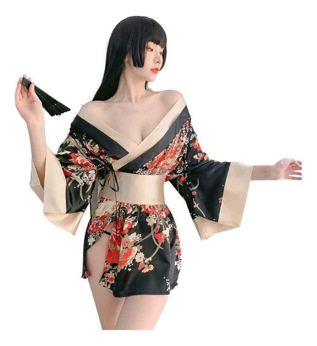 Traje De Kimono Cosplay Estampado De Lencería Erótica Sexy