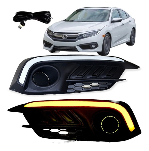 Imagen 1 de 7 de Kit Rejilla Faro Auxiliar P/ Honda Civic 2017 A 2019 Con Led