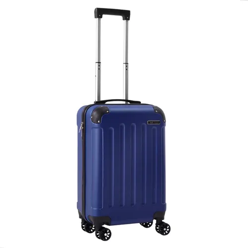 Mala de viagem azul com rodinhas e alça retrátil